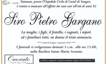 Siro Pietro Gargano non è più, oggi 5 gennaio i funerali a Castel di Sangro