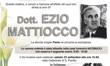 Ezio Mattiocco è venuto a mancare all'età di 97 anni, oggi l'ultimo saluto a Sulmona