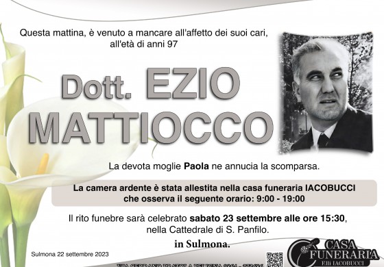 Ezio Mattiocco è venuto a mancare all'età di 97 anni, oggi l'ultimo saluto a Sulmona