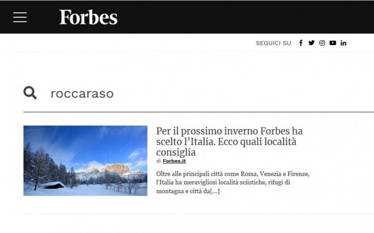 Turismo, rivista americana Forbes incorona Roccaraso tra le migliori stazioni sciistiche italiane