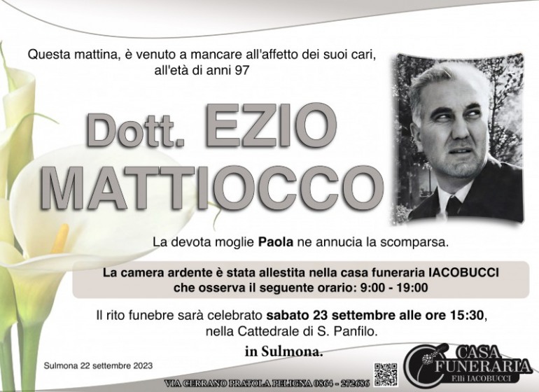 Ezio Mattiocco è venuto a mancare all’età di 97 anni, oggi l’ultimo saluto a Sulmona