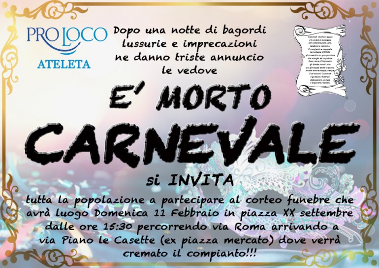 Ateleta, divertente funerale a Carnevale: domenica 11 febbraio