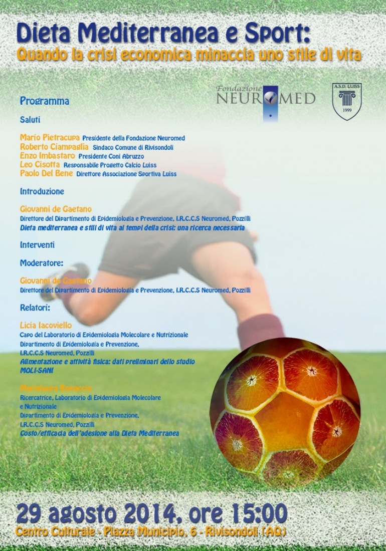 Neuromed, convegno (29 agosto) a Rivisondoli. “Dieta Mediterranea e sport: quando la crisi economica minaccia uno stile di vita”