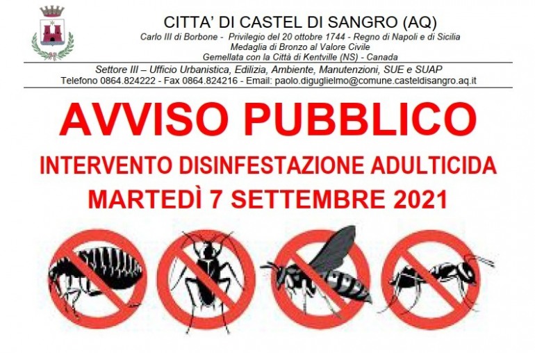 Castel Di Sangro, disinfestazione adulticida tra lunedì 6 e martedì 7 settembre 2021