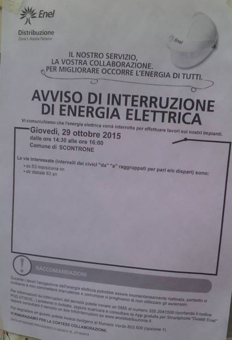 Scontrone, temporanea interruzione dell’energia elettrica