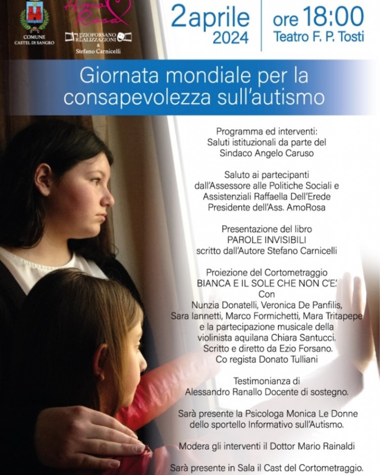 Castel di Sangro celebra la Giornata Mondiale dell’Autismo al Teatro Tosti alle ore 18