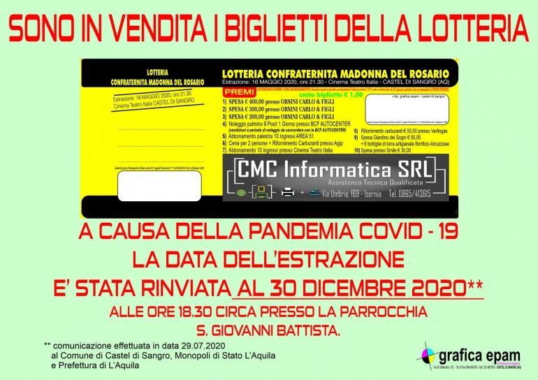 Castel di Sangro, slitta al 30 dicembre la lotteria della Confraternita Madonna del Rosario