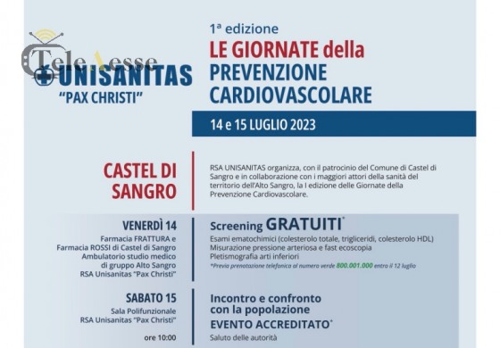 Castel di Sangro: "Le giornate della Prevenzione Cardiovascolare" screening gratuito il 14 e 15 luglio