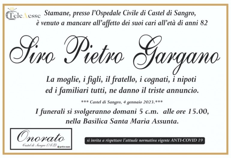 Siro Pietro Gargano non è più, oggi 5 gennaio i funerali a Castel di Sangro